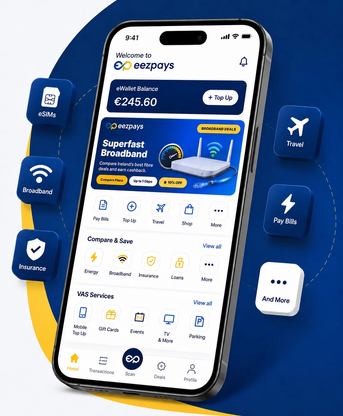 Eezpays mobile app surrounded by Pay Bills, Broadband, Insurance, Travel, Shop and more service tiles.